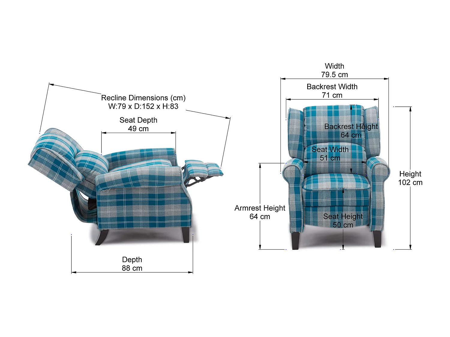 Eaton Wing Back Fireside Checkered Fabric Pushback Recliner Chair