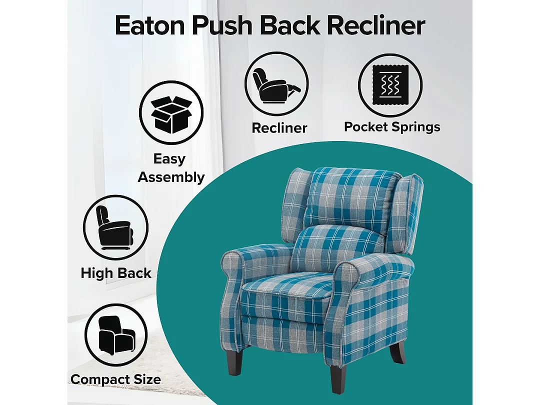 Eaton Wing Back Fireside Checkered Fabric Pushback Recliner Chair