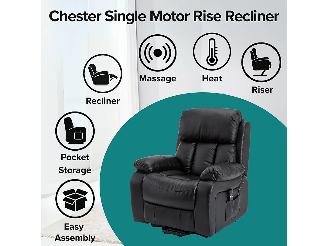 Chester Single Motor Rise Recliner Bonded Leather Heat & Massage Chair