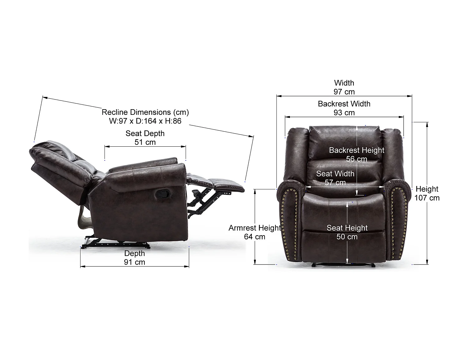 Denver Bonded Leather Manual Recliner Stud Sofa Home Lounge Chair