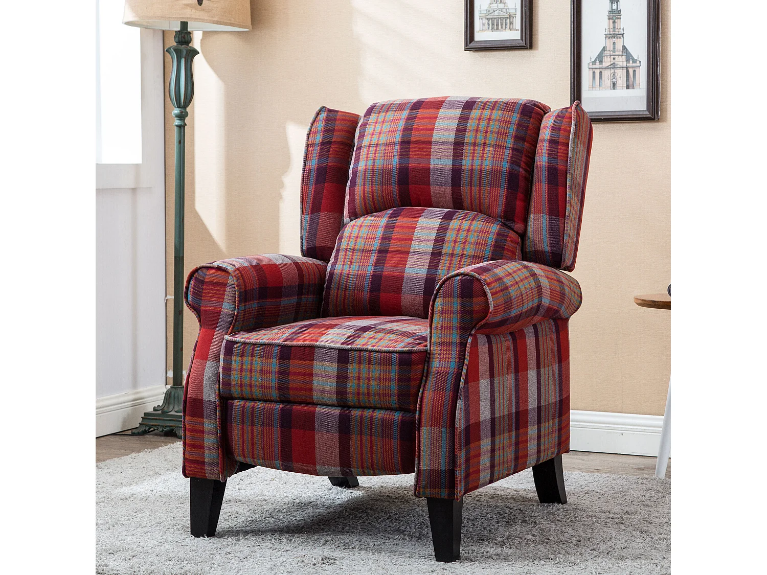 Eaton Wing Back Fireside Checkered Fabric Pushback Recliner Chair