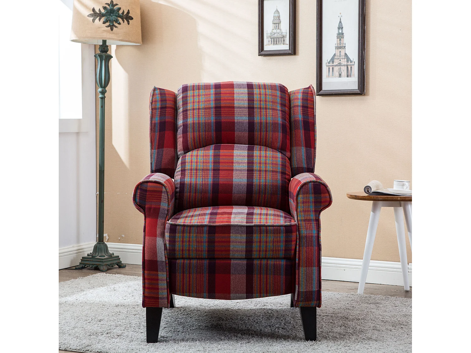 Eaton Wing Back Fireside Checkered Fabric Pushback Recliner Chair