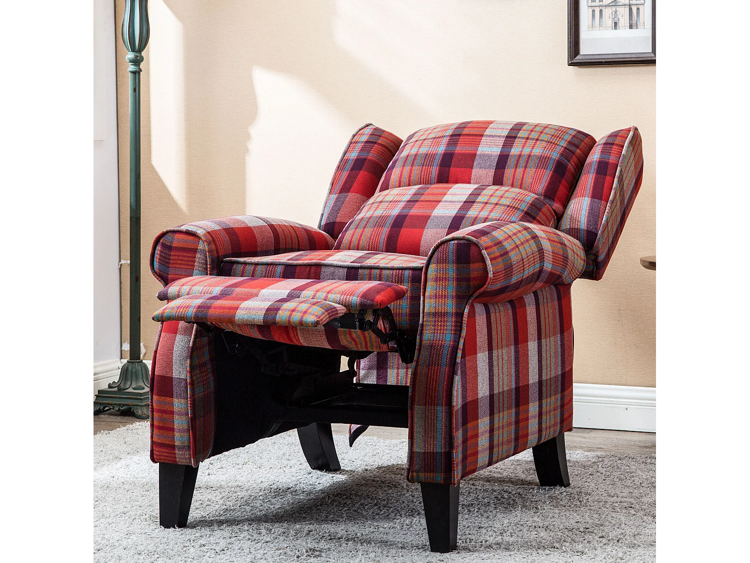 Eaton Wing Back Fireside Checkered Fabric Pushback Recliner Chair