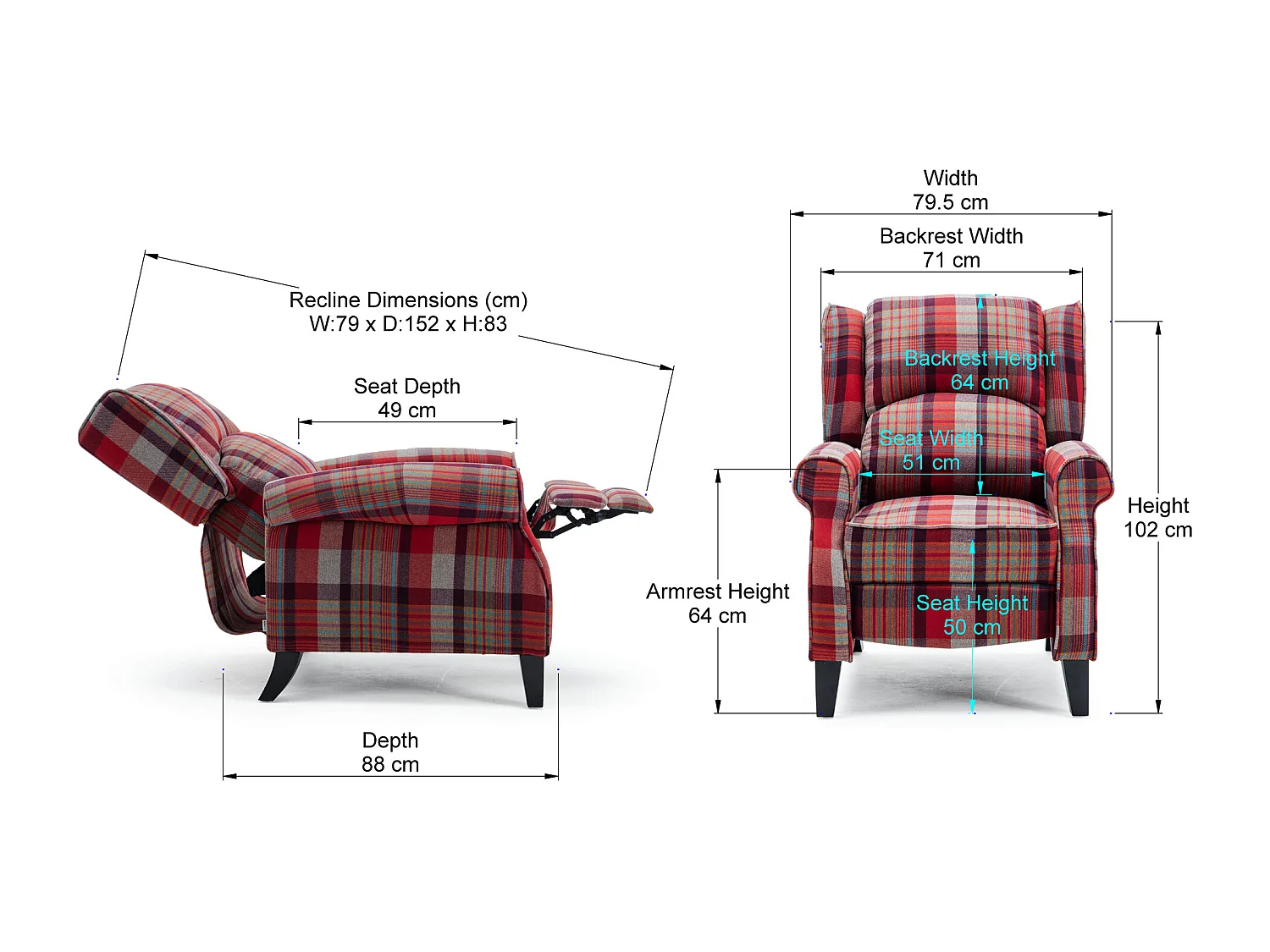 Eaton Wing Back Fireside Checkered Fabric Pushback Recliner Chair