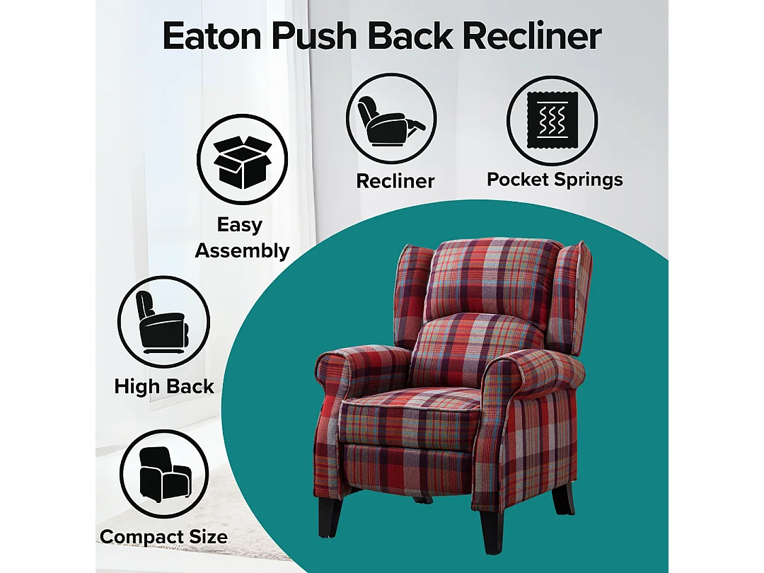 Eaton Wing Back Fireside Checkered Fabric Pushback Recliner Chair