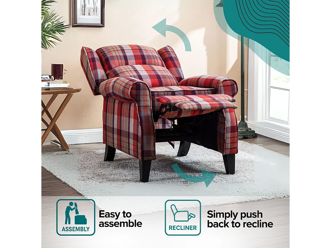 Eaton Wing Back Fireside Checkered Fabric Pushback Recliner Chair