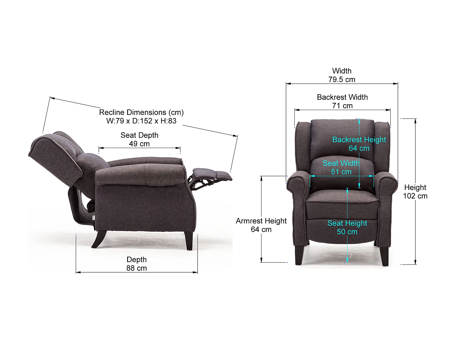 Eaton Wing Back Fireside Herringbone Fabric Pushback Recliner Chair
