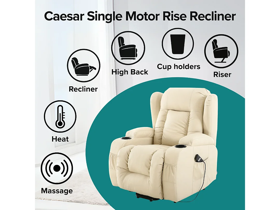 Caesar Single Motor Rise Recliner Bonded Leather Heat & Massage Chair