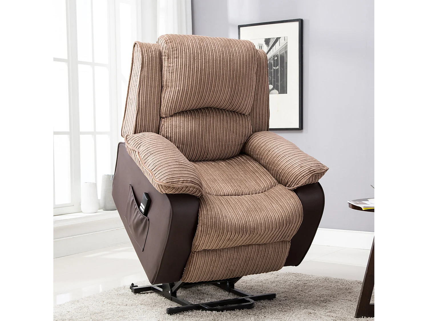 Postana Dual Motor Electric Rise Recliner Jumbo Cord Fabric Chair
