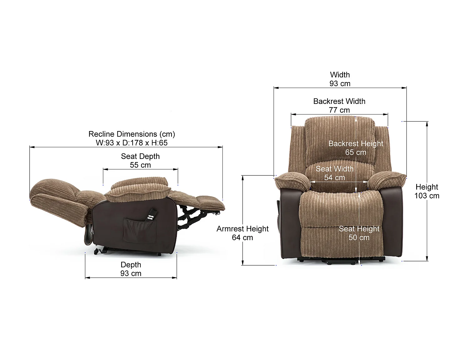Postana Dual Motor Electric Rise Recliner Jumbo Cord Fabric Chair