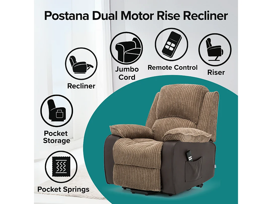 Postana Dual Motor Electric Rise Recliner Jumbo Cord Fabric Chair