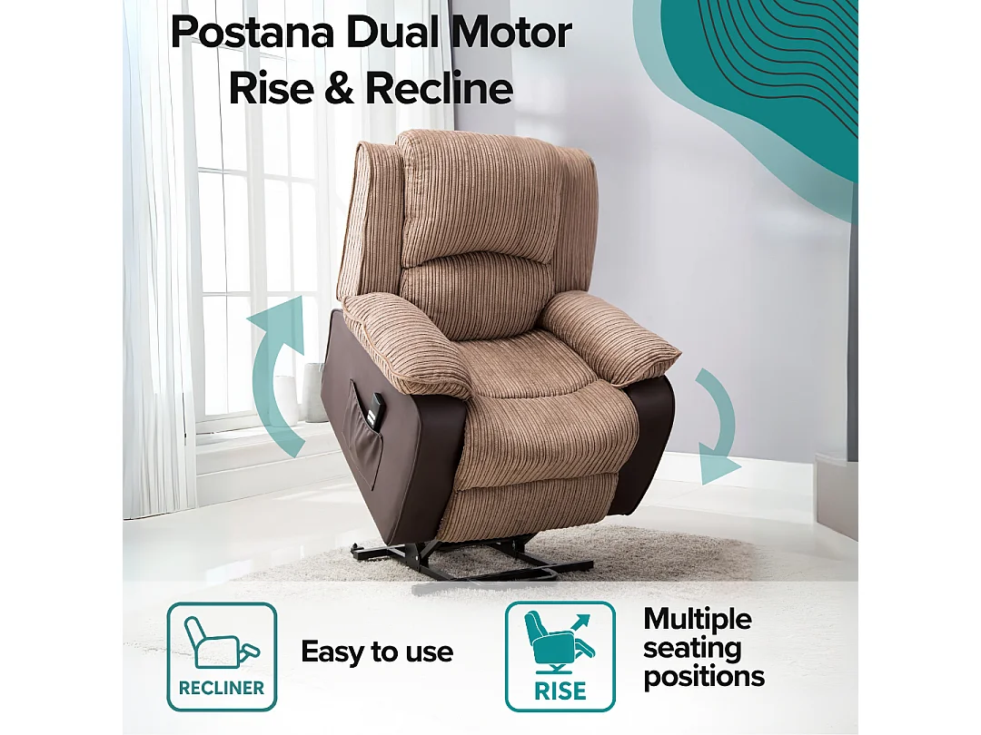 Postana Dual Motor Electric Rise Recliner Jumbo Cord Fabric Chair