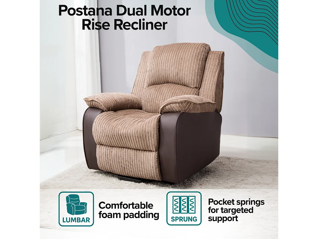 Postana Dual Motor Electric Rise Recliner Jumbo Cord Fabric Chair
