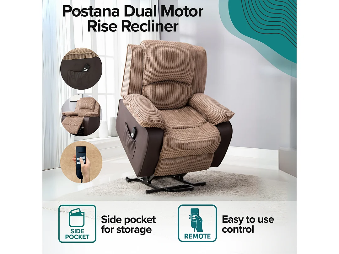 Postana Dual Motor Electric Rise Recliner Jumbo Cord Fabric Chair
