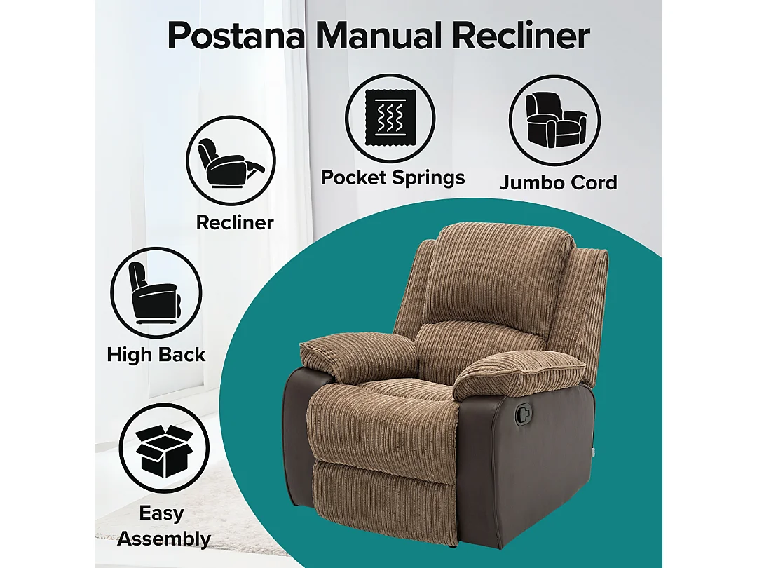 Postana Jumbo Cord Fabric Manual Reclining Lounge Recliner Chair