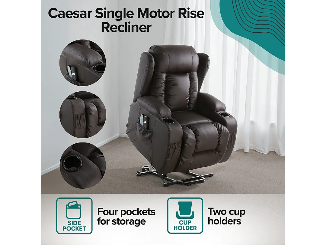 Caesar Single Motor Rise Recliner Bonded Leather Heat & Massage Chair
