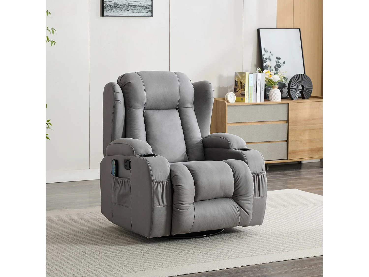 Caesar Grey Technology Fabric Manual Recliner Rocking Swivel Heat & Massage Chair