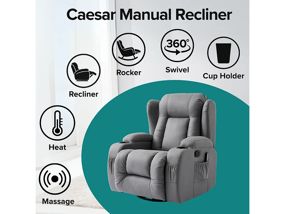Caesar Grey Technology Fabric Manual Recliner Rocking Swivel Heat & Massage Chair