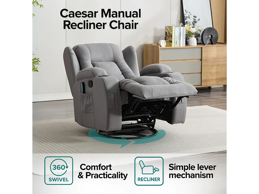 Caesar Grey Technology Fabric Manual Recliner Rocking Swivel Heat & Massage Chair