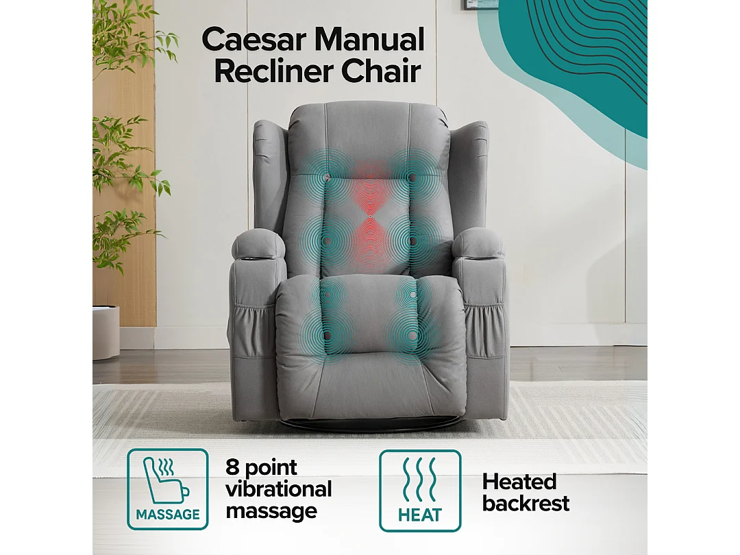 Caesar Grey Technology Fabric Manual Recliner Rocking Swivel Heat & Massage Chair