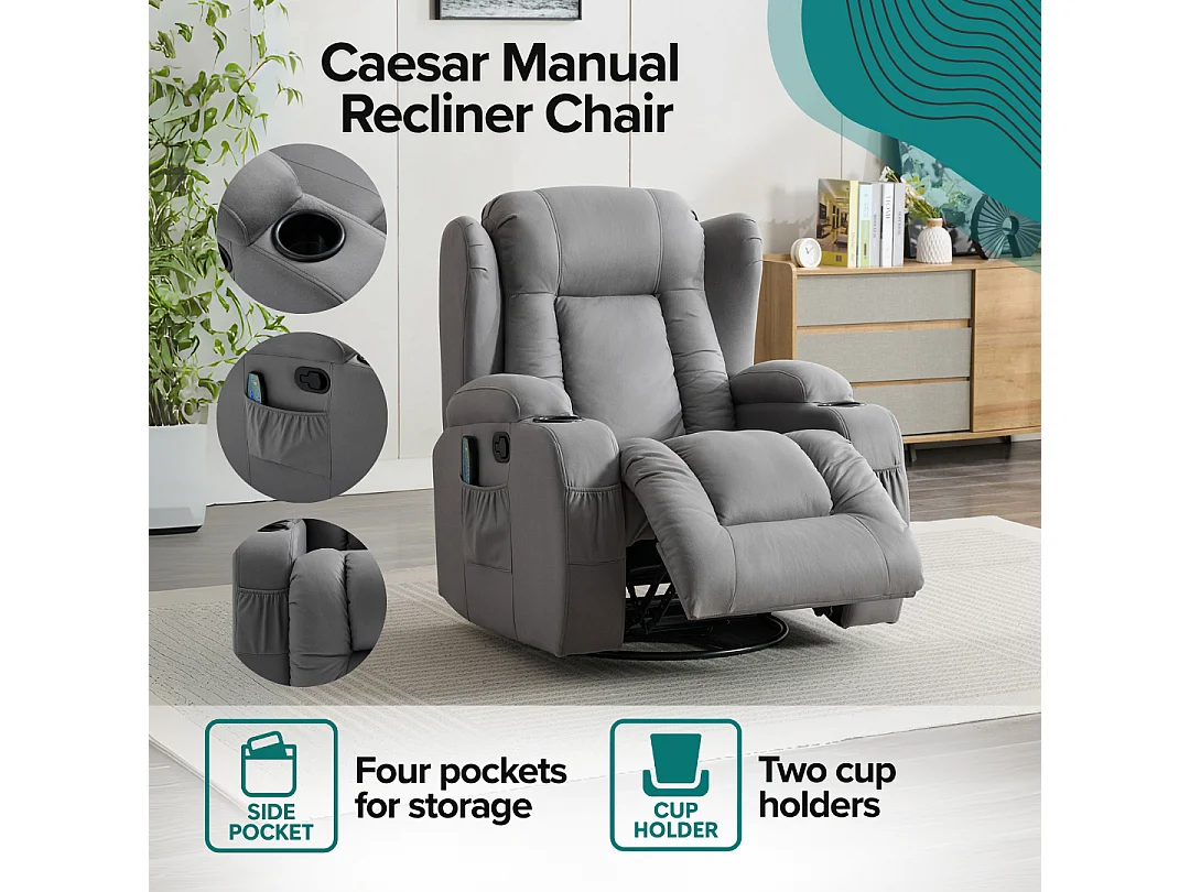 Caesar Grey Technology Fabric Manual Recliner Rocking Swivel Heat & Massage Chair