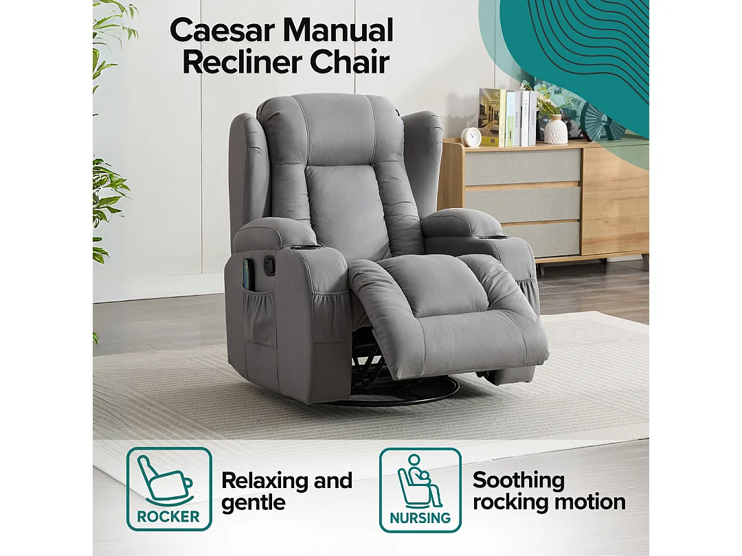 Caesar Grey Technology Fabric Manual Recliner Rocking Swivel Heat & Massage Chair