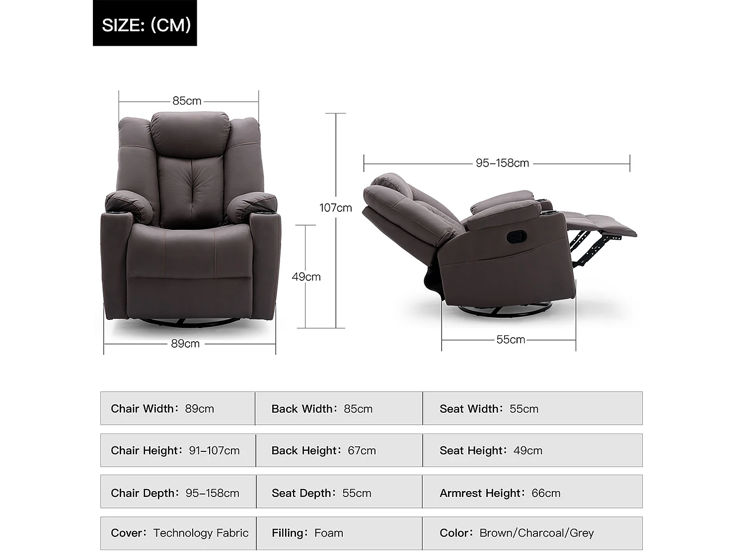 Afton Technology Fabric Recliner Rocking Swivel Cinema Sofa Chair
