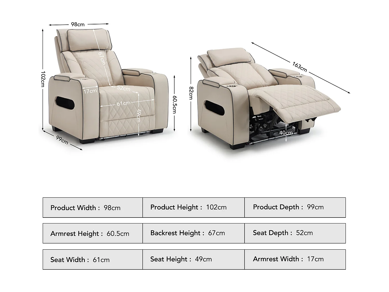 Capri Electric Recliner Cinema Chair w USB/C Charging and LED Lighting