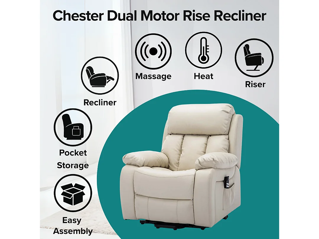 Chester Dual Motor Rise Recliner Heat and Massage Bonded Leather Chair