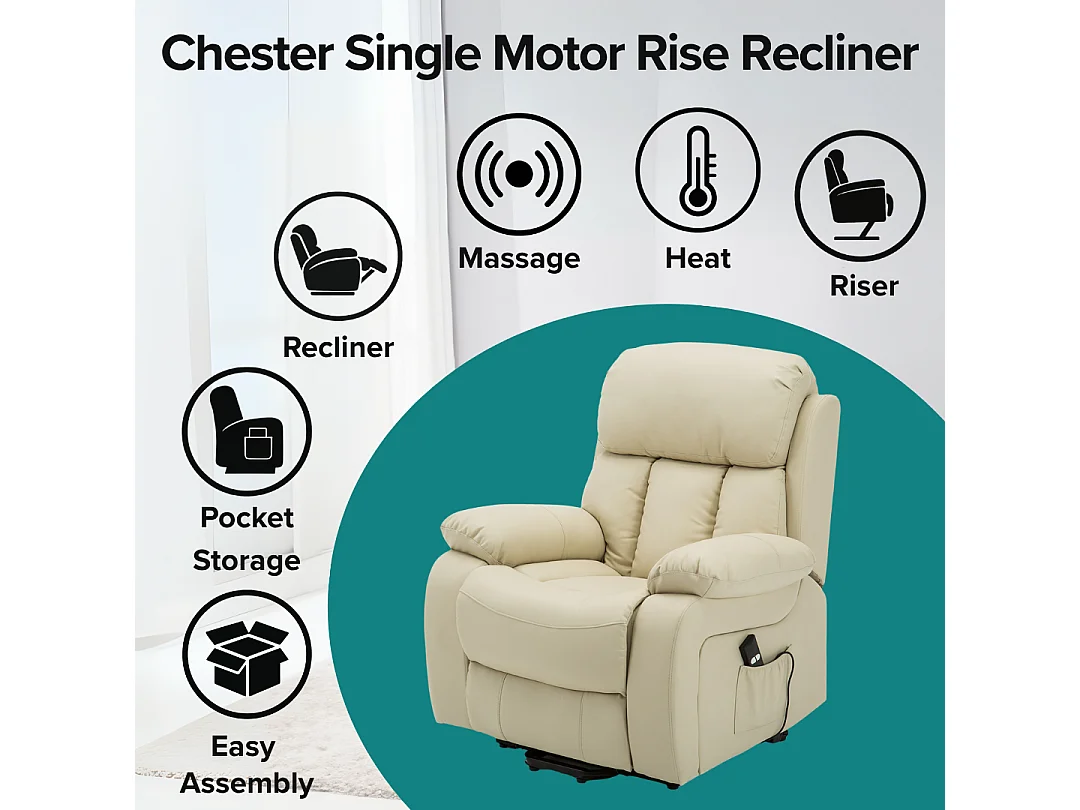 Chester Single Motor Rise Recliner Bonded Leather Heat & Massage Chair