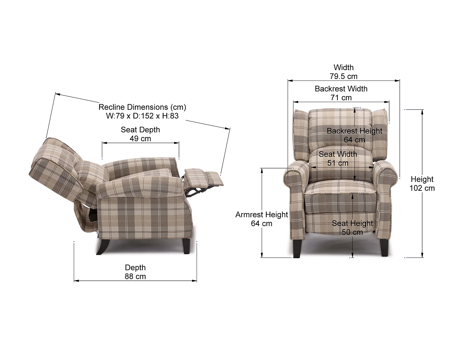 Eaton Wing Back Fireside Checkered Fabric Pushback Recliner Chair