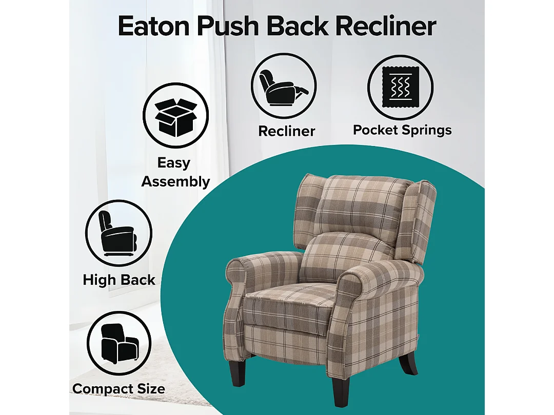 Eaton Wing Back Fireside Checkered Fabric Pushback Recliner Chair