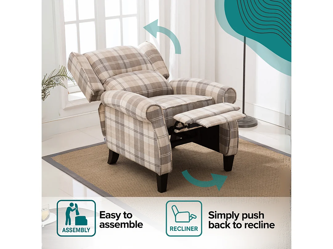 Eaton Wing Back Fireside Checkered Fabric Pushback Recliner Chair