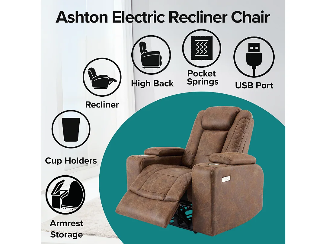 Ashton Electric Recliner Technology Fabric USB-C Charging Recliner Chair