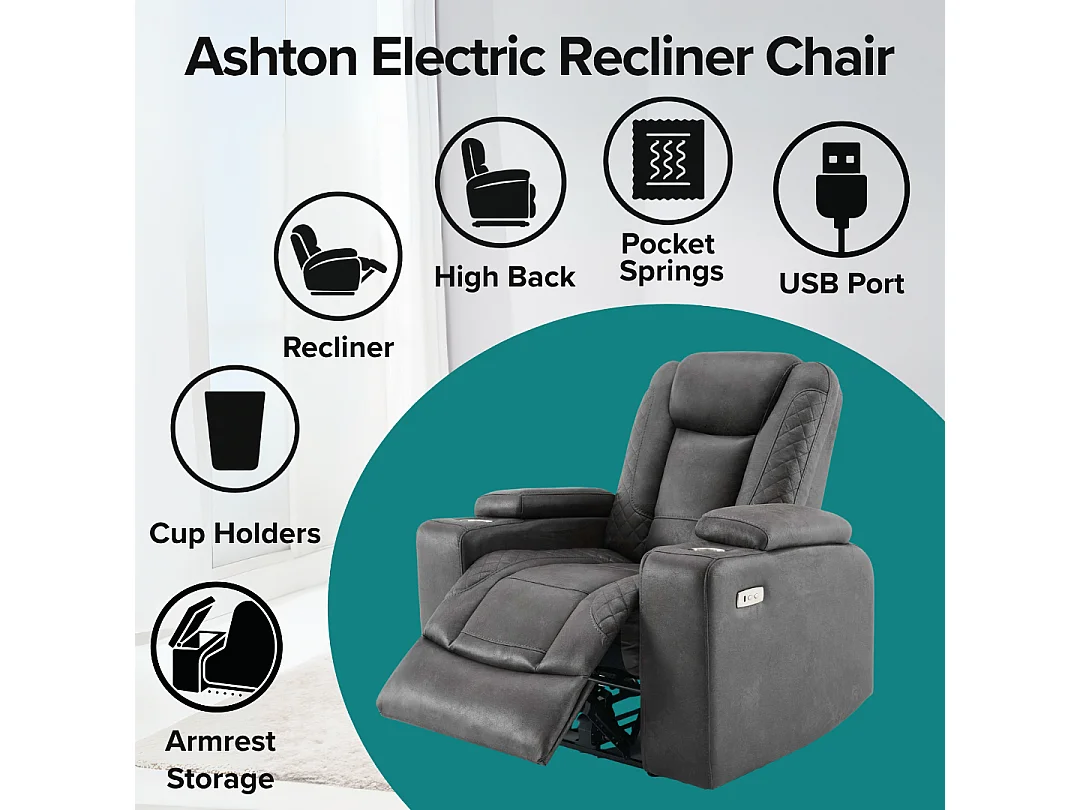 Ashton Electric Recliner Technology Fabric USB-C Charging Recliner Chair