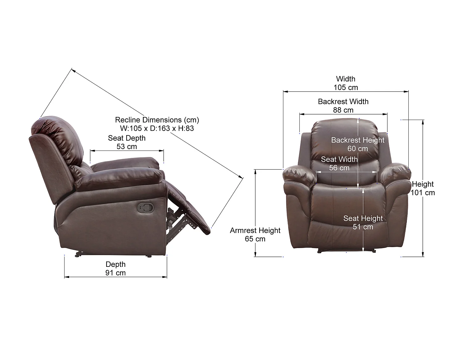 Madison Bonded Leather Manual Recliner Sofa Home Lounge Chair