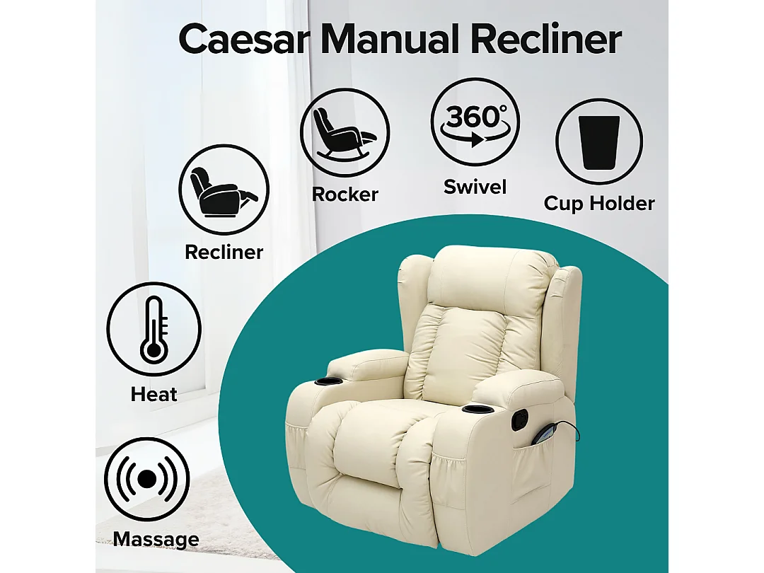 Caesar Bonded Leather Recliner Rocking Swivel Heat & Massage Chair