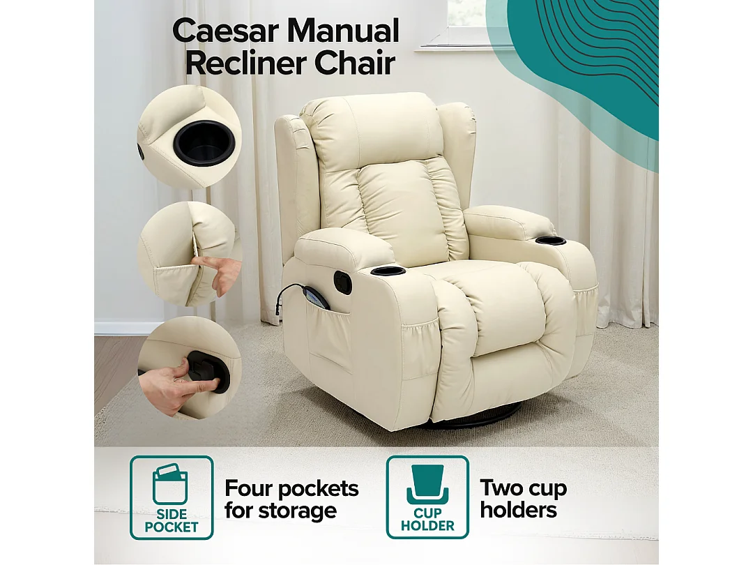 Caesar Bonded Leather Recliner Rocking Swivel Heat & Massage Chair