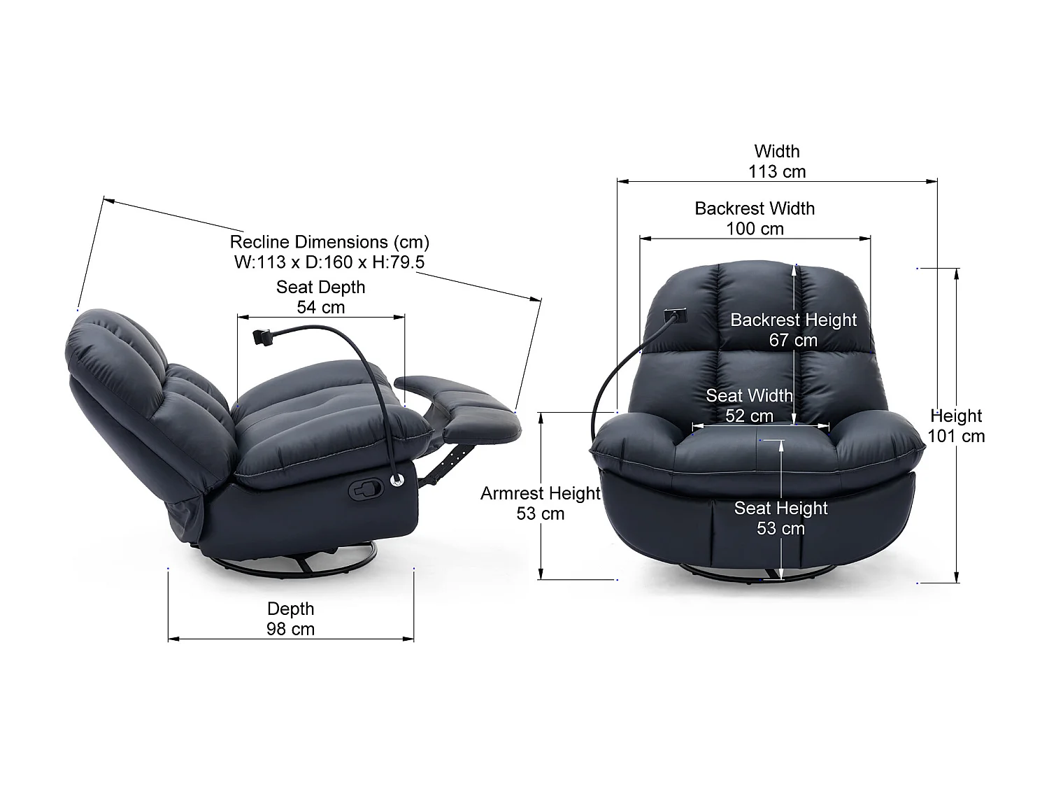 Chicago Faux Leather Swivel & Rocker Manual Recliner Chair Black
