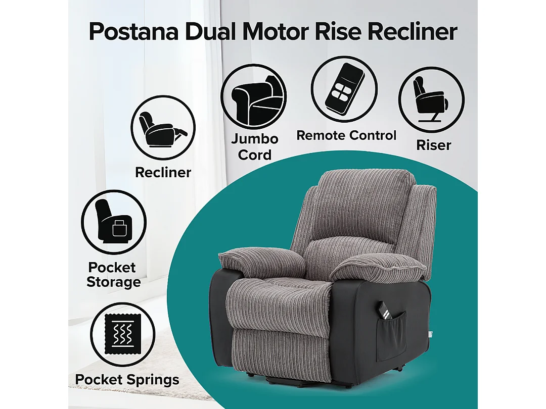 Postana Dual Motor Electric Rise Recliner Jumbo Cord Fabric Chair