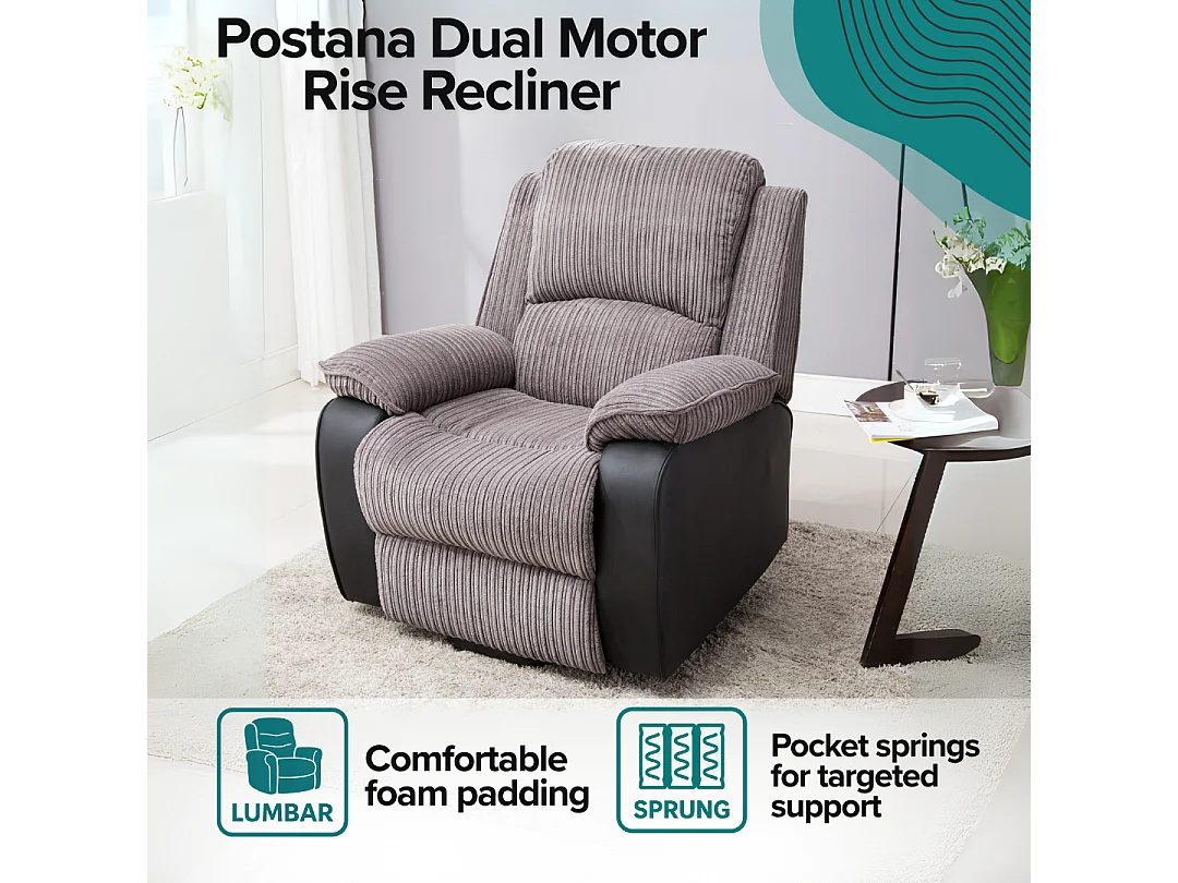Postana Dual Motor Electric Rise Recliner Jumbo Cord Fabric Chair