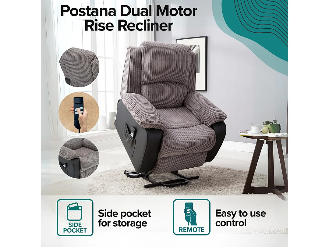 Postana Dual Motor Electric Rise Recliner Jumbo Cord Fabric Chair