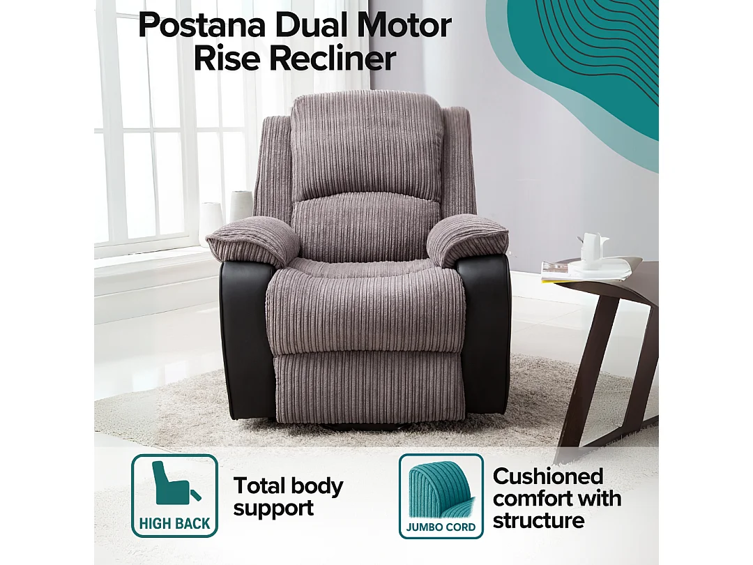 Postana Dual Motor Electric Rise Recliner Jumbo Cord Fabric Chair