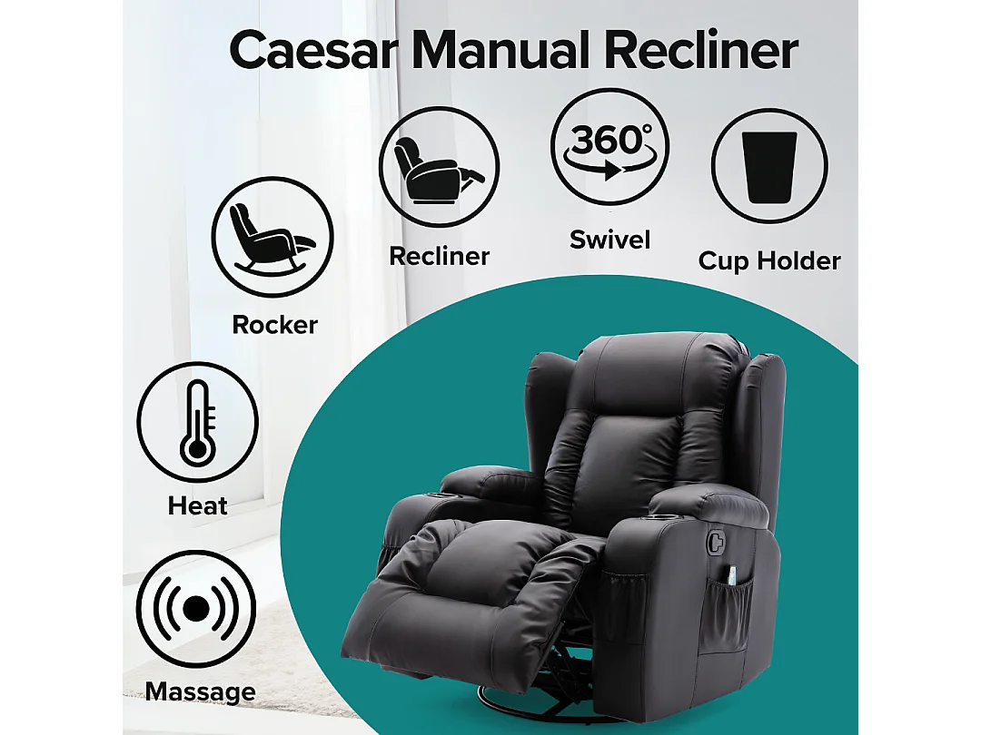Caesar Bonded Leather Recliner Rocking Swivel Heat & Massage Chair
