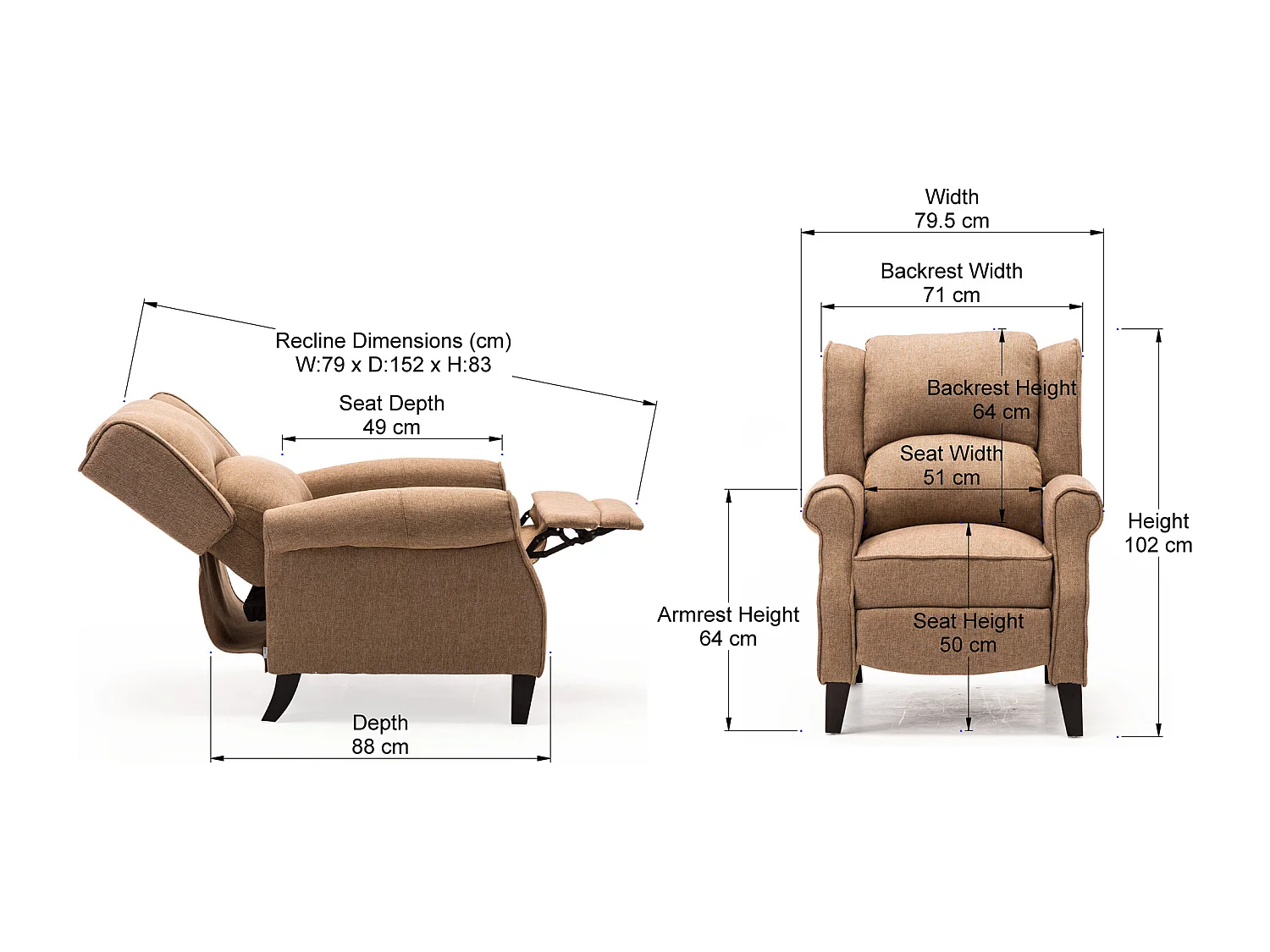 Eaton Wing Back Fireside Herringbone Fabric Pushback Recliner Chair