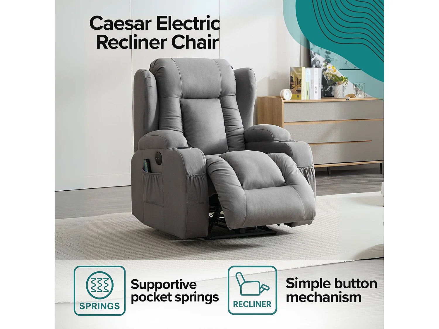 Caesar Grey Technology Fabric Electric Recliner Heat & Massage Chair