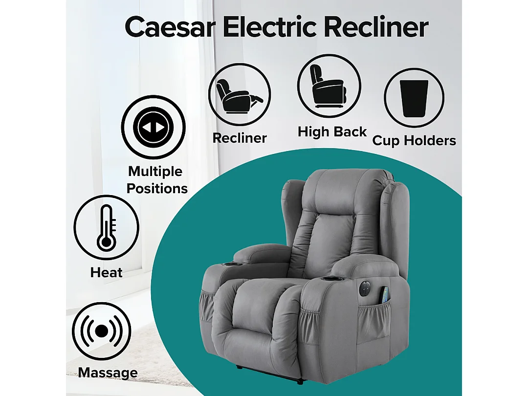 Caesar Grey Technology Fabric Electric Recliner Heat & Massage Chair