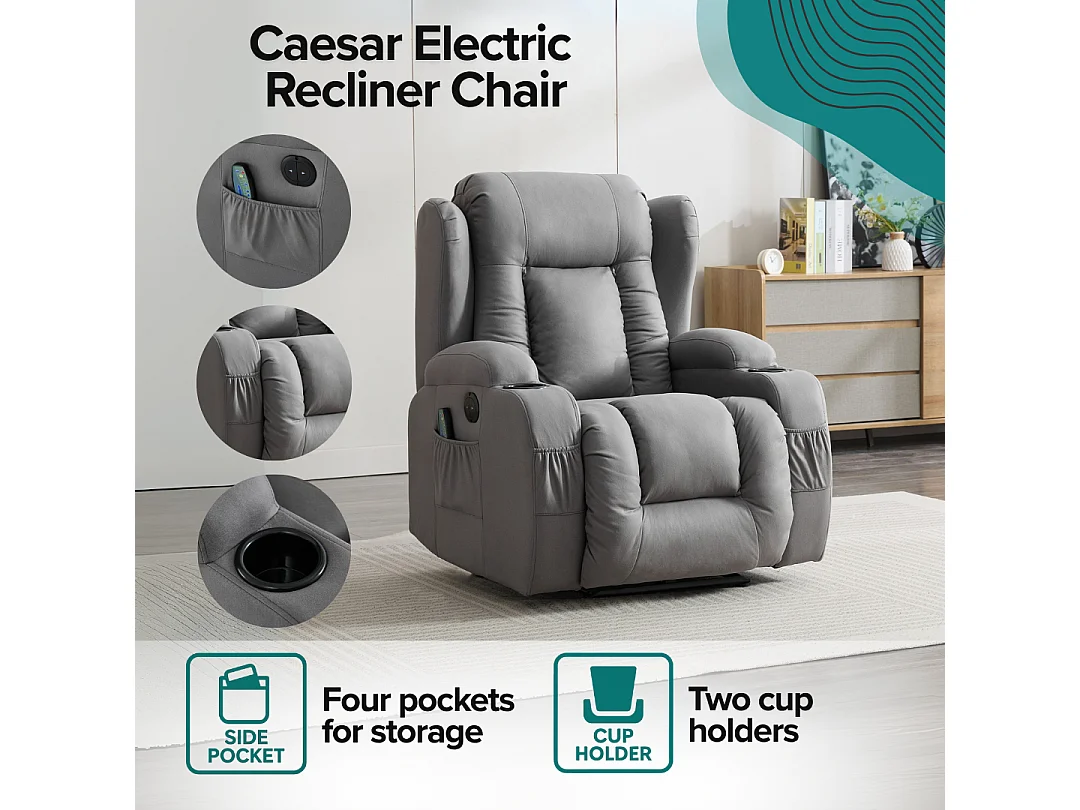 Caesar Grey Technology Fabric Electric Recliner Heat & Massage Chair