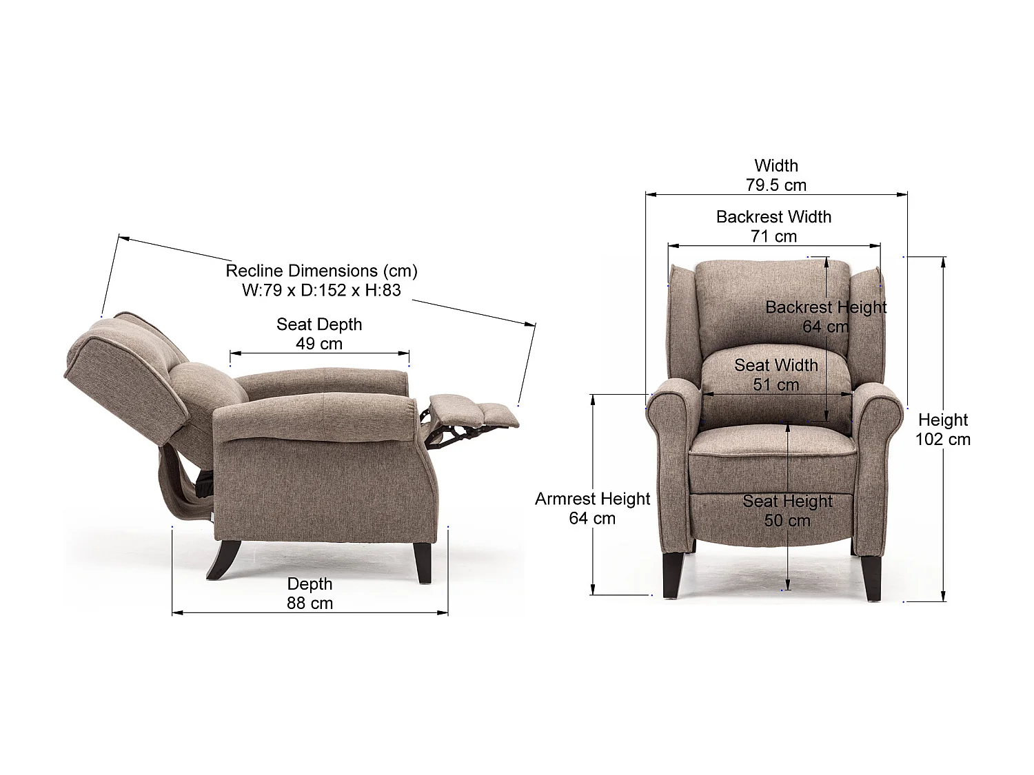 Eaton Wing Back Fireside Herringbone Fabric Pushback Recliner Chair