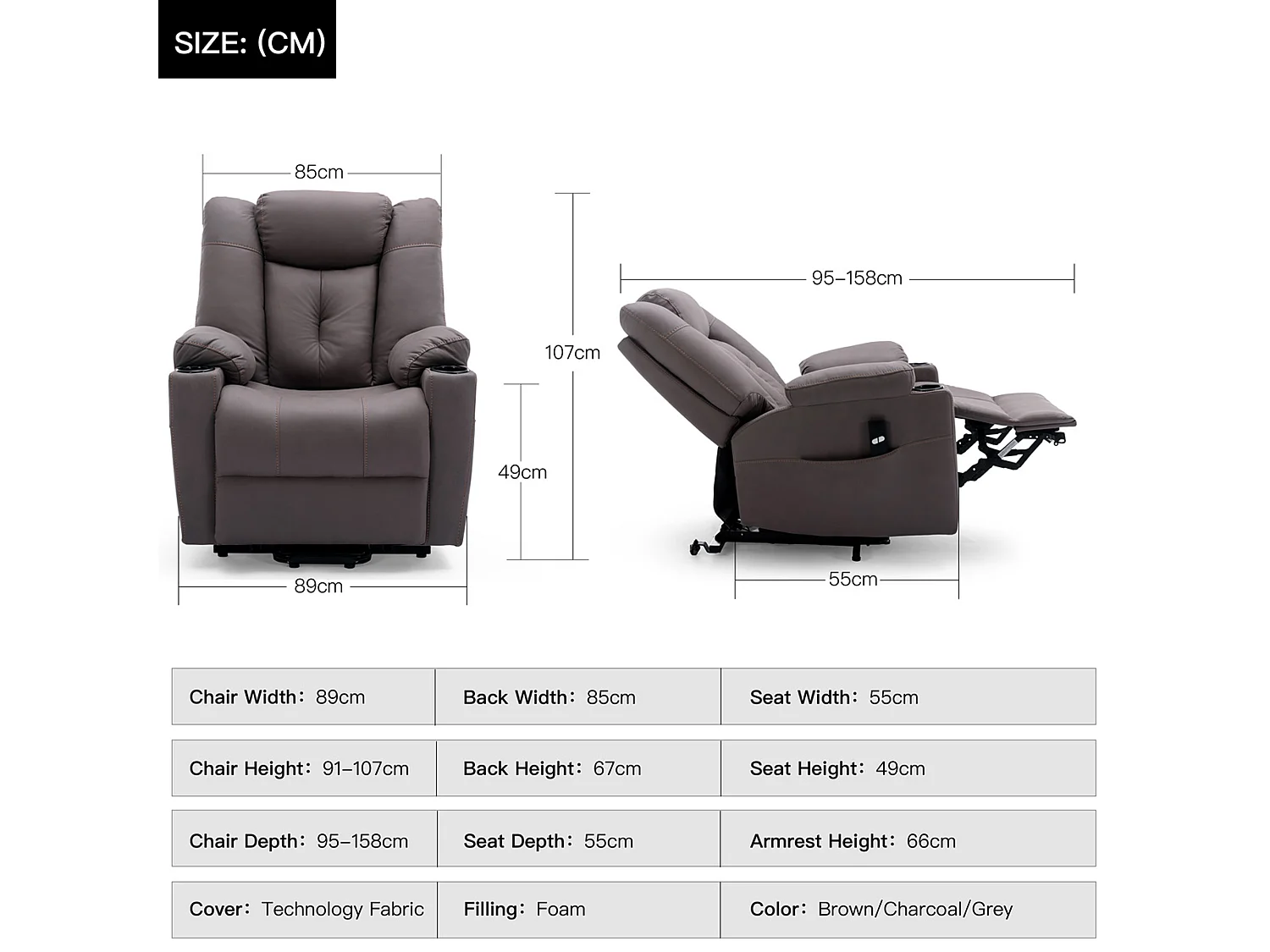 Afton Technology Fabric Single Motor Rise Recliner Lift Mobility Chair